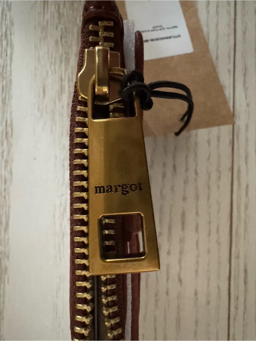 margot Leather Card Wallet in Rust Brown with Gold Zipper Pull
